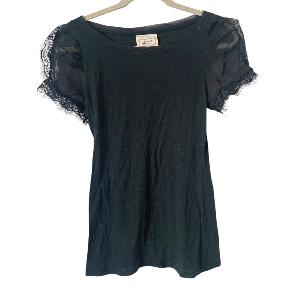 Anthropologie Odonate Epiprocta Black Tee with Sheer Puff Sleeves S